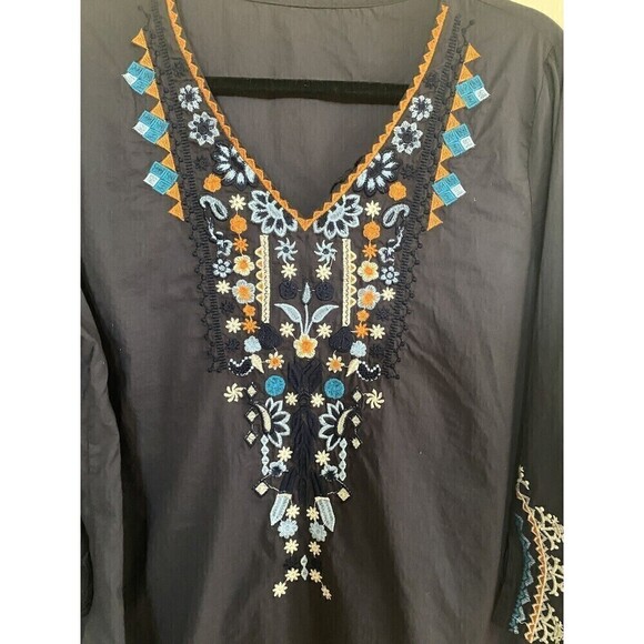 Unbranded 100% Cotton Light Weight Embroidered Blue Boho Top No Size - Picture 3 of 4